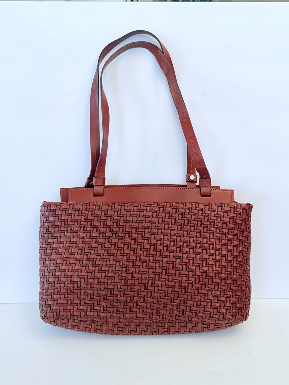 Roberta Gandalfi vintage woven brown red leather quiet luxury shoulder bag